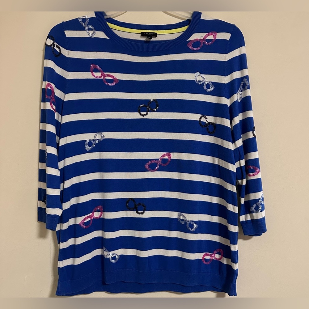 Talbots Striped Blue White Pullover Sweater Size 1X Sequin Glasses Accents